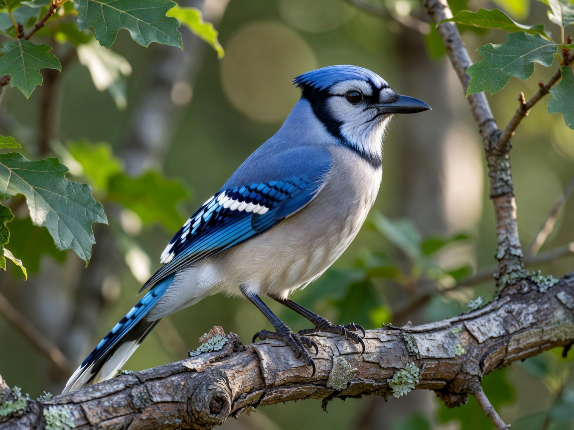 A detailed view of a blue jay perched on a branch, showcasing distinct feathers and beak shape
