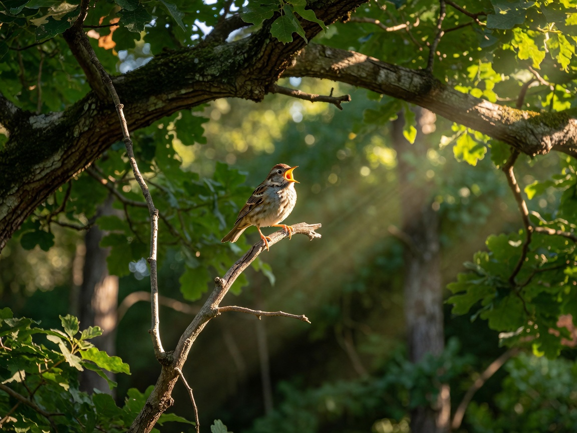 A small bird perched high on a branch with its beak open, calling