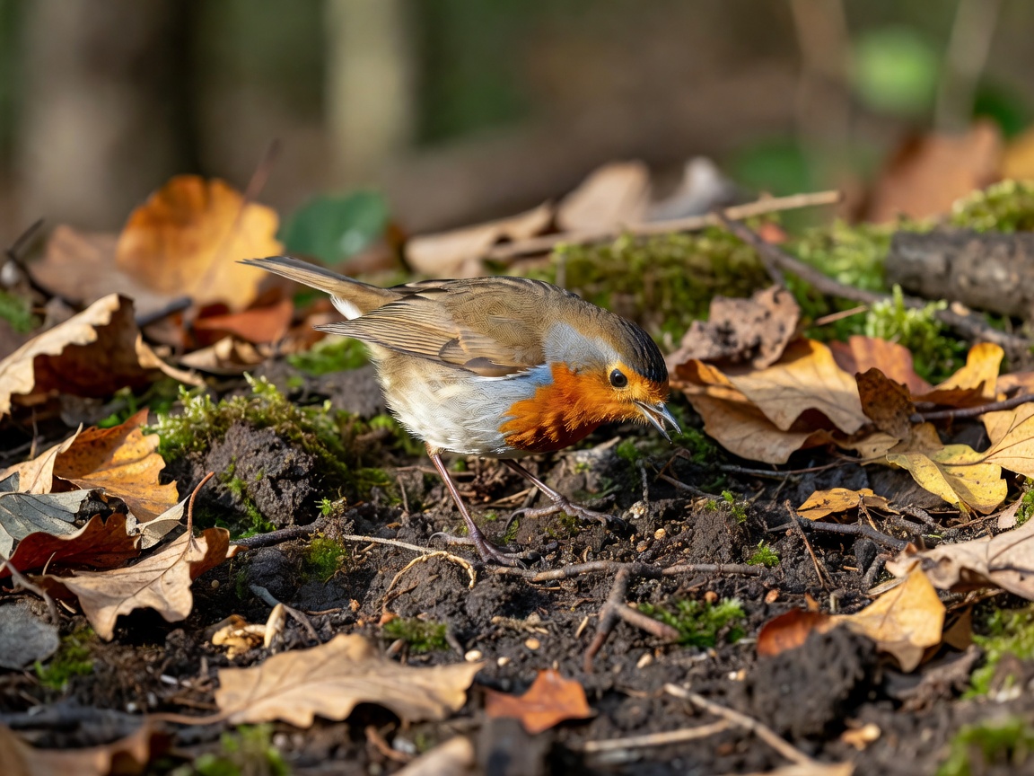 Bird actively hopping along the ground searching for food